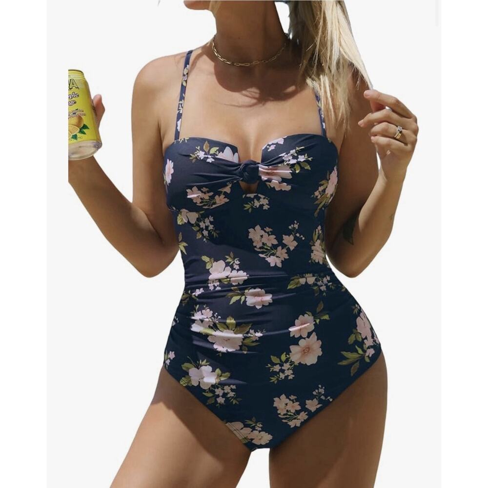 Cupshe One Piece Swimsuit Size Large Navy Floral Ruched Knot Front NWT